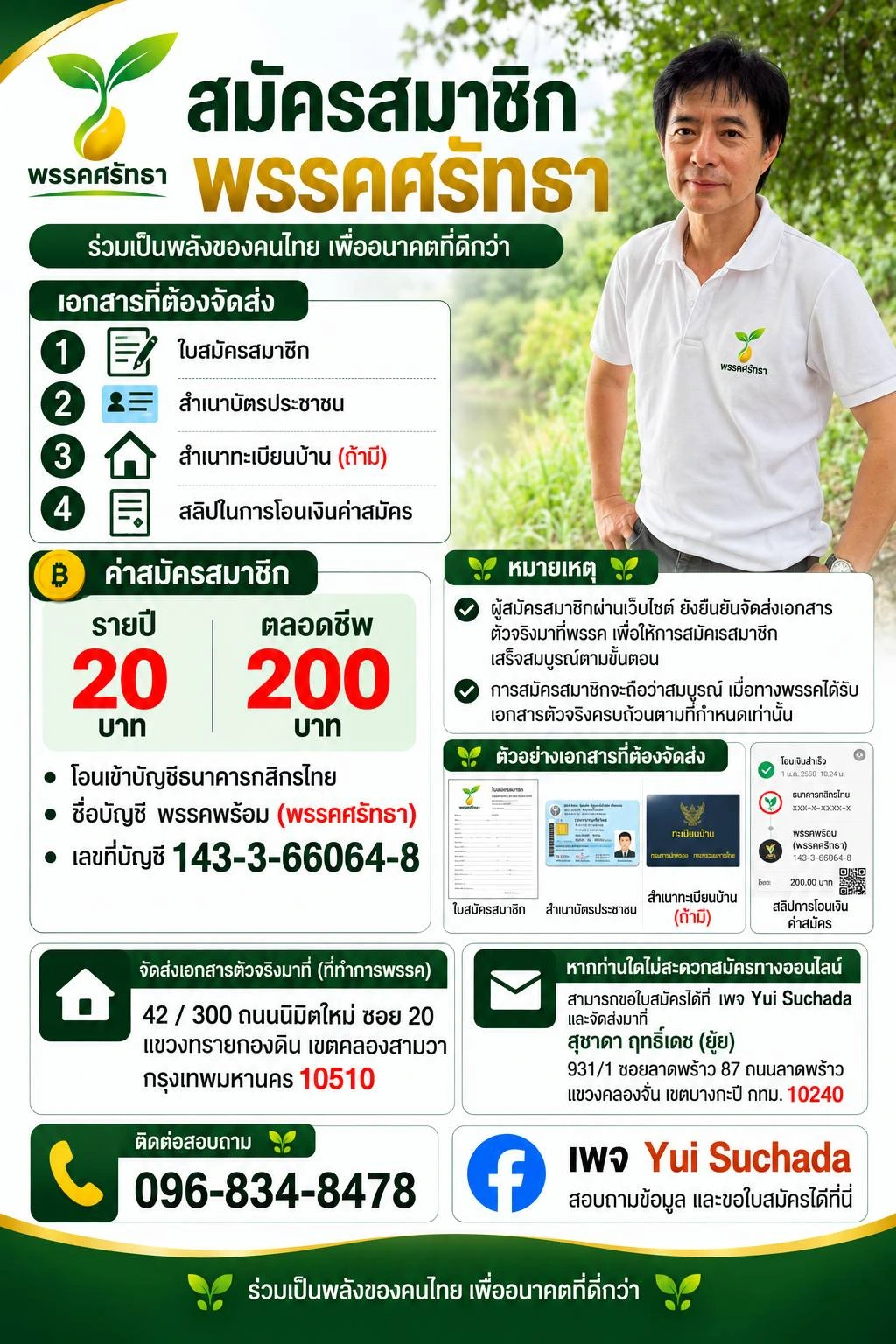 โปสเตอร์ขั้นตอนการสมัครสมาชิกพรรคศรัทธา เอกสาร ค่าสมัคร และที่อยู่จัดส่ง
